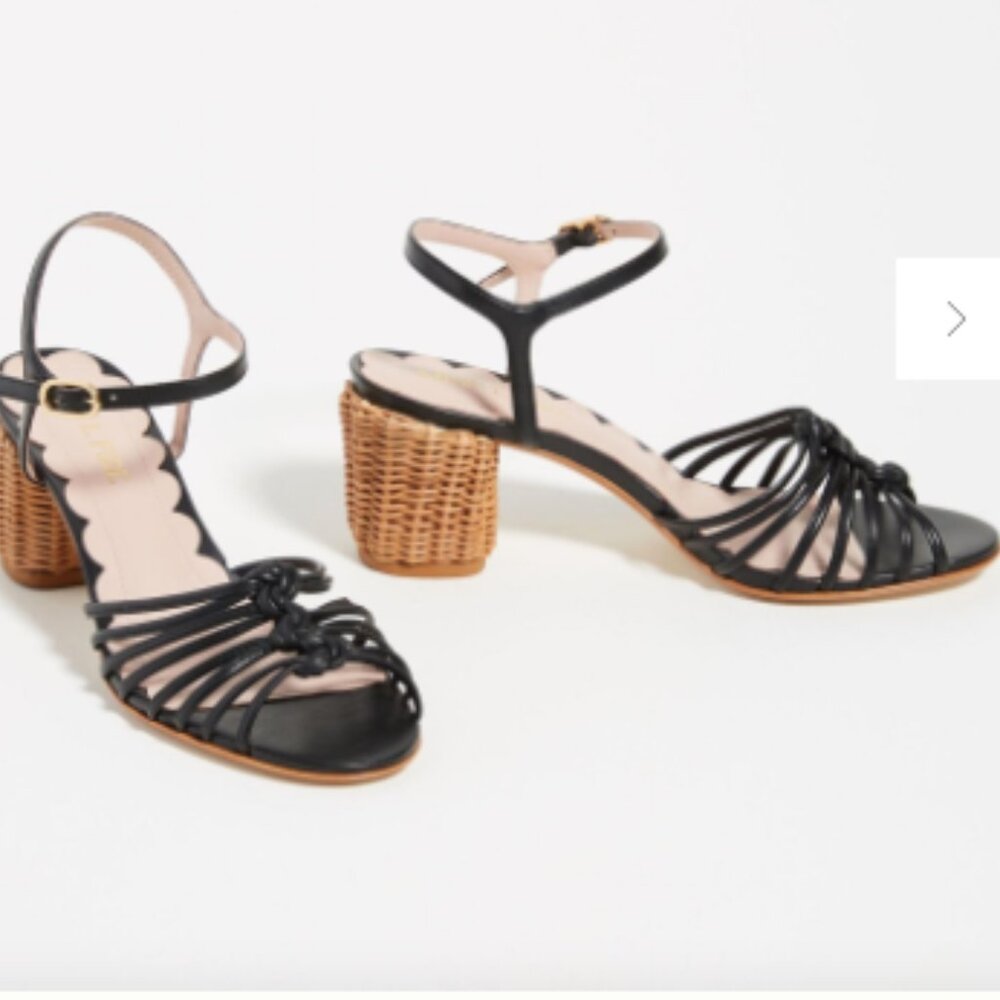 Anthropologie Miss L Fire Florentina Heeled Sandals black leather rattan heeled